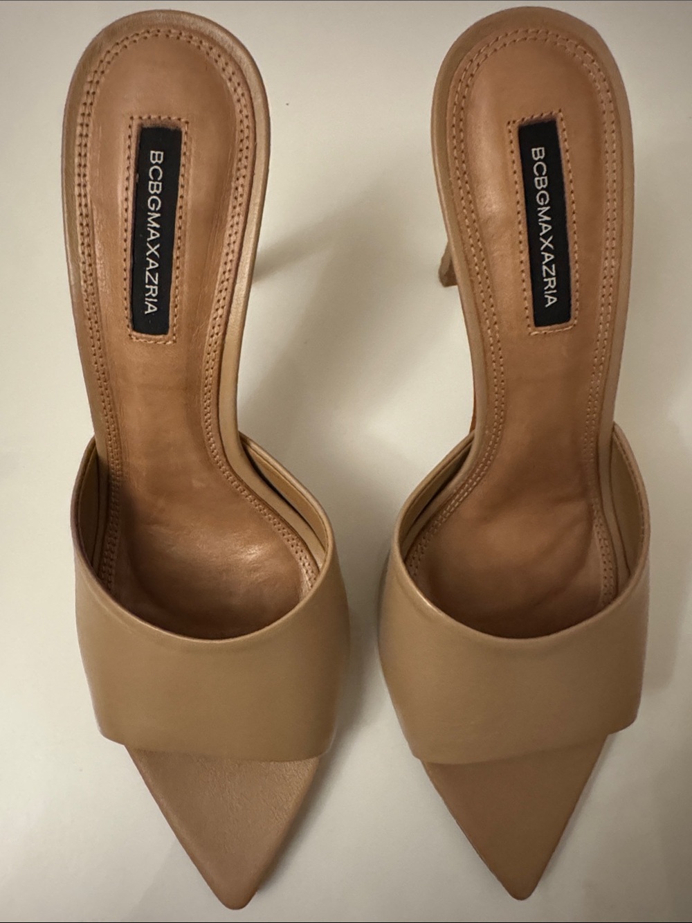BCBGMaxAzria Tan Pointed-Toe Slide Mules